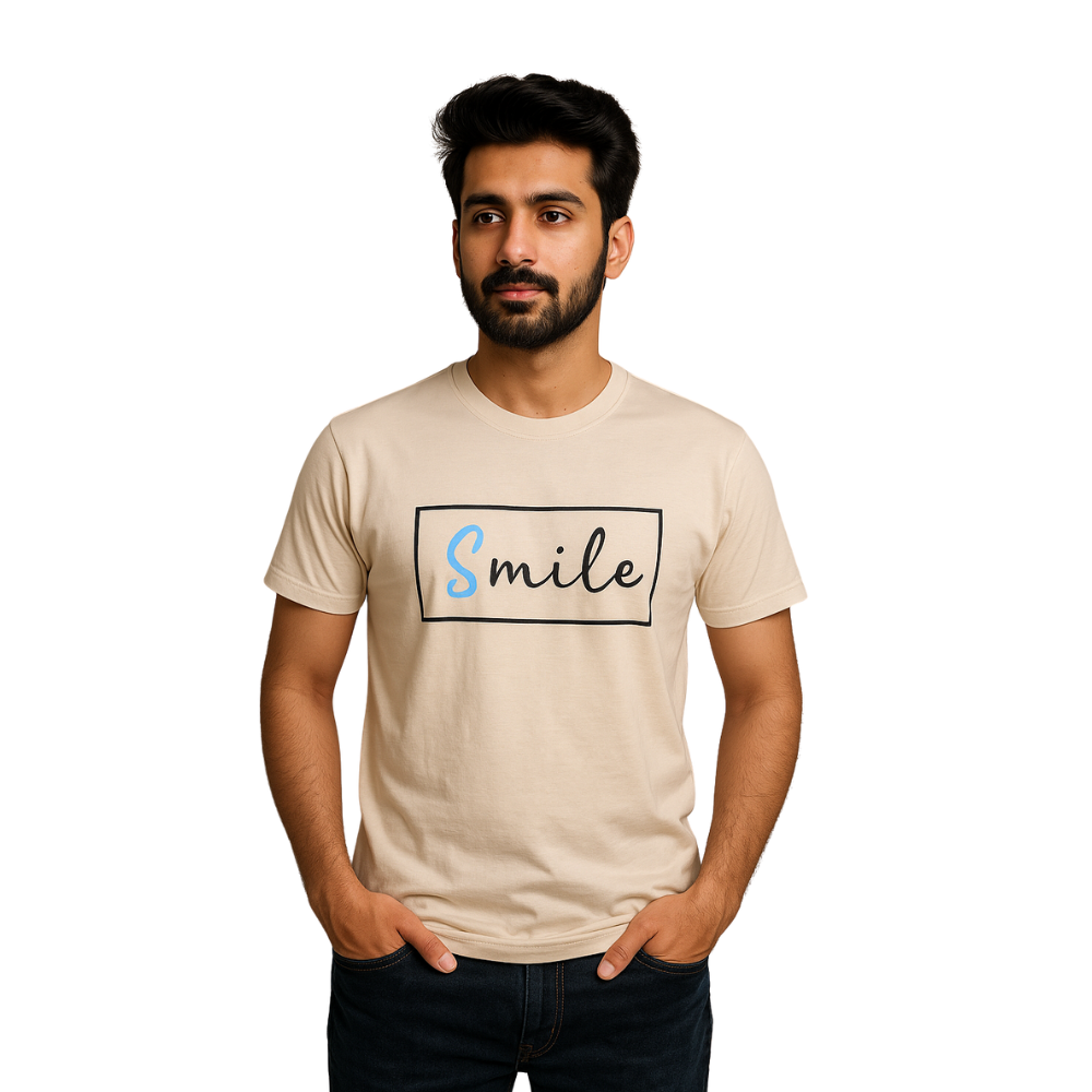 Men’s Premium Beige “Smile” T-Shirt – Medium Size